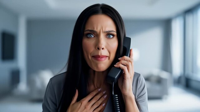 Businesswoman Reacts With Shock and Anger While Talking on a Landline Phone in Office