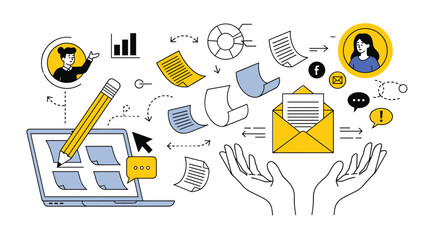 Digital communication and content creation process with a laptop, email, and flying documents © Itz Narayn