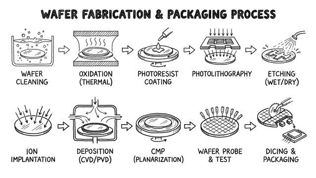 Hand Drawn Infographic of Wafer Fabrication and Packaging Process, A detailed, hand-drawn educational diagram illustrating the complete wafer fabrication and packaging process. 