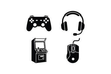 Gaming Equipment Silhouette Icon Set - Video Game Controller Headset Mouse and Arcade Machine Silhouette Icon Set © Abdulla11