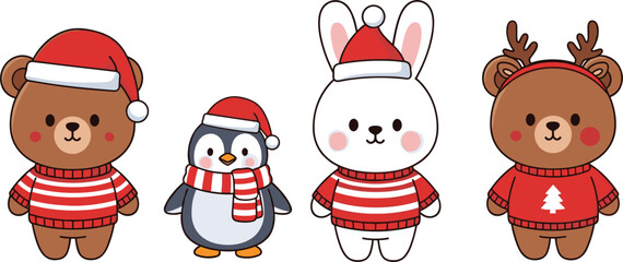 Set of cute kawaii Christmas animal characters including teddy bear penguin bunny rabbit and reindeer wearing red winter sweaters and santa hats isolated on white background. © MdGohurul