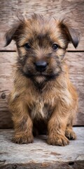Adorable scruffy brown puppy dog sitting on wood