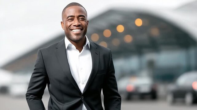 Confident Entrepreneur: An accomplished entrepreneur, radiates confidence and success, posing in front of a modern structure, personifying achievement and ambition.