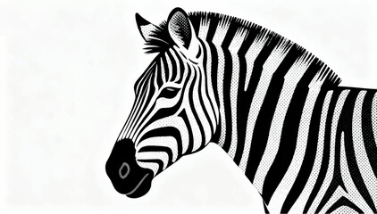 Vector illustration of a close-up of a zebra's side profile in the form of stripes with half-tone dots on a white background. © Dzianis