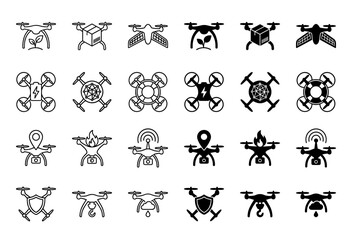 Obraz premium Set of hybrid drone icons merging unmanned aerial vehicles with functional symbols like shield camera battery and seedling for diverse service utility