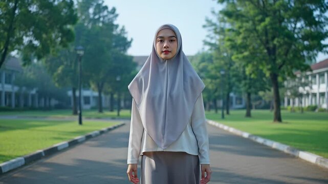 Young Muslim Woman Wearing Hijab Walking Towards Camera in a Green Park With Trees and Buildings