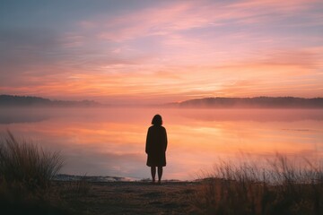 Fototapeta premium Dawn meditation: silhouette of a woman against a softly glowing horizon over calm water
