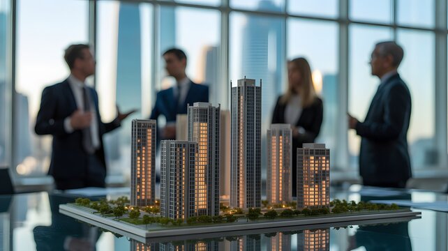 Real Estate Investment Planning with Modern Building Model and Business Team, Urban Property Development Strategy, Commercial Construction Management and Corporate Portfolio Growth