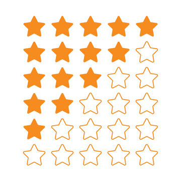 Orange five star customer feedback rating icon collection. Customer star rating feedback grid icon set in orange.
