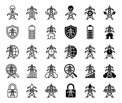 Electrical Grid Infrastructure and Power Transmission Icons Featuring Hybrid Energy Symbols for Sustainable Utility Management and Grid Modernization