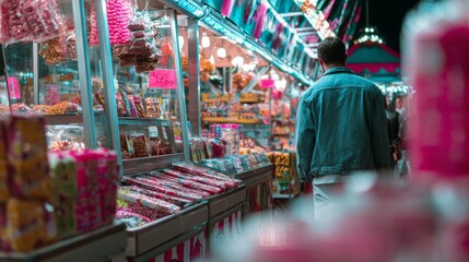 Obraz premium Person walking through colorful candy store aisle interior