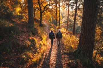 Fototapeta premium Couple enjoying a serene nature walk amid fall foliage and warm light