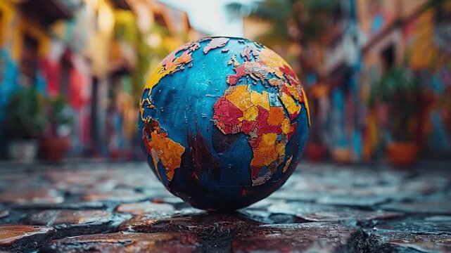 World in Focus: A vibrant Earth globe, meticulously crafted with striking colors and textures, rests on a textured surface, showcasing global interconnectedness.