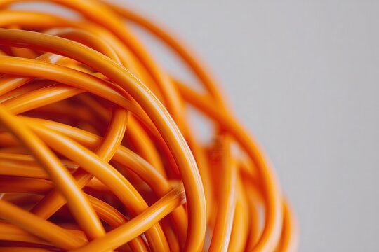 orange electrical cables tangled and intertwined in complex chaotic knot