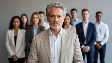 Obraz premium Confident Senior Business Leader Standing with Professional Team, Corporate Management Authority, Executive Leadership Vision, Workplace Diversity and Organizational Strategy Success