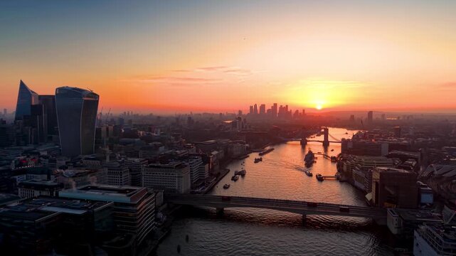 Panoramic aerial view of the skyline of London, UK, during a golden sunrise with London and Tower Bridge, City skycrapers and river Thames