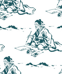 Obraz premium old man calligraphy japanese chinese seamless vector pattern ink design 