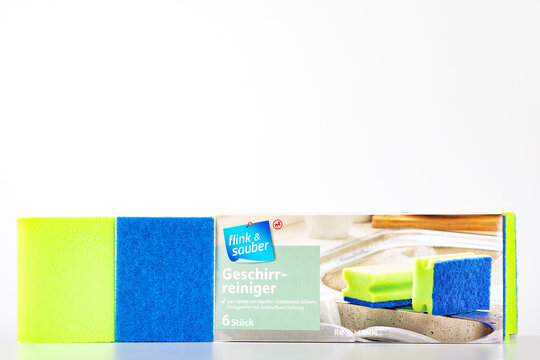 Rossmann Flink & Sauber Geschirrreiniger Sponges &ndash; German Drugstore Private Label Dishwashing Cleaning Product, Illustrative Editorial