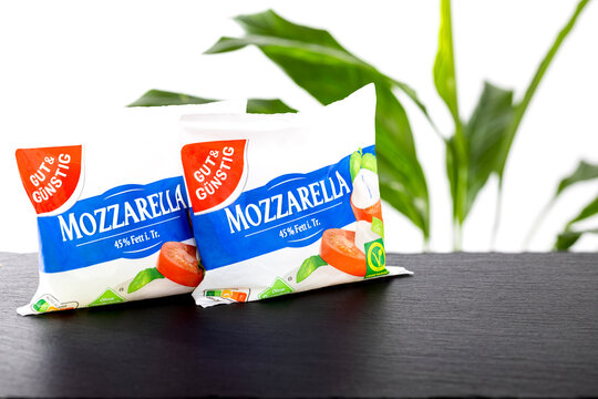EDEKA Gut & G&uuml;nstig Mozzarella Cheese Packaging &ndash; German Supermarket Private Label Fresh Dairy Product, Illustrative Editorial