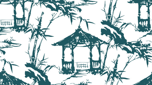 pagoda roof bamboo alcove japanese chinese seamless vector pattern ink design 