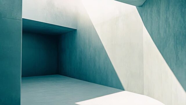 Empty geometric concrete room having a skylight illuminating the floor and wall, forming sharp shadows and highlighting the simplicity and texture of the space