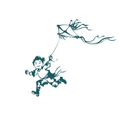 kite kid japanese chinese vector ink traditional asian design isolated