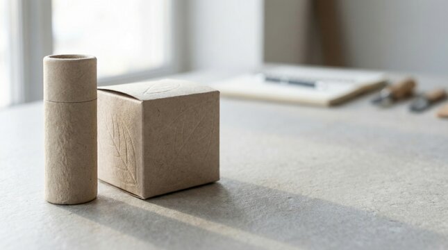Sustainable eco-friendly fiber packaging prototypes on textured stone surface with negative space

