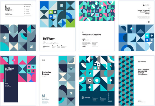 8 Geometric Design Annual Report Templates Modular Swiss Style Layouts with Triangles, Circles and Squares in Teal, Navy and Magenta
