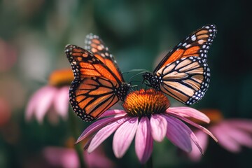 Obraz premium Gentle garden scene with monarchs sipping nectar from a pink coneflower
