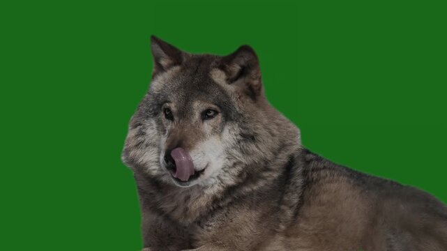 Gray Wolf opens his mouth and sticks out his tongue on green screen, slow motion