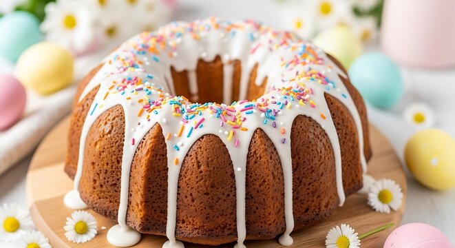 Festive baked bundt cake, drizzled with white icing & sprinkles, surrounded by pastel eggs & flowers