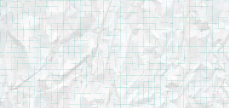 White vintage notebook paper background featuring square blue color graph grid. Crumpled texture for education or school theme design. Vector illustration with collage bg template.