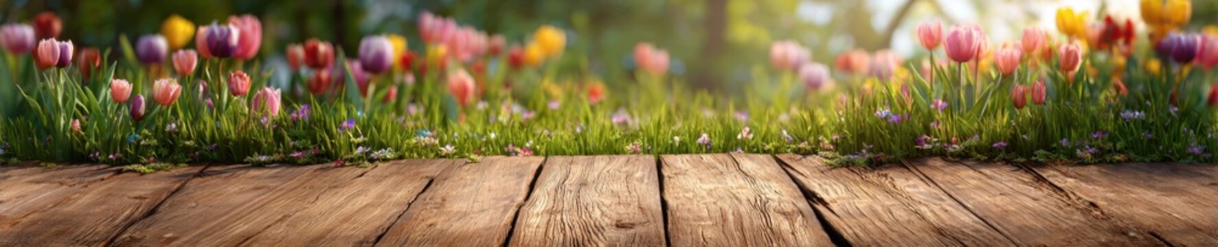  Empty rustic wooden table deck with colorful spring tulip flowers, panoramic blurred sunny garden background for product display, Easter mockup and copy space.