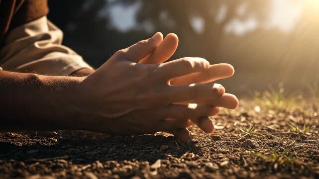 Man praying on ground with clasped hands then open. Hands gesture of devotion and worship. Hope concept for religious faith.
