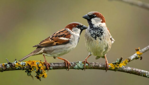 House sparrows perching on branch interacting together