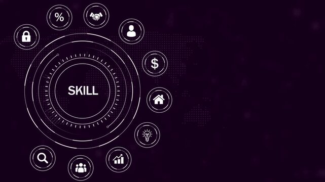 Futuristic digital interface with the word SKIL at its core, encircled by white representing business and personal development concepts on a dark purple