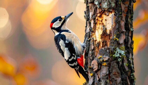 Great spotted woodpecker perching on tree bark in autumn forest