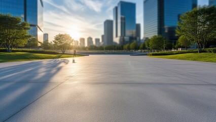 Obraz premium A serene cityscape at sunrise with a paved road and skyscrapers