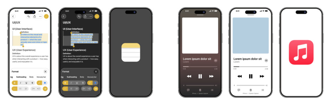 Apple Notes and Apple Music UI Mockup on iPhone with Light and Dark Mode Interface
Apple Notes Editing Screen and Apple Music Player Interface Design for iOS Application