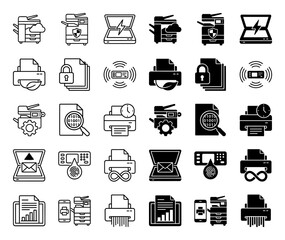 Hybrid printer and data security icon set featuring multifunction office hardware integrated with cloud computing shield lock and document shredding symbols