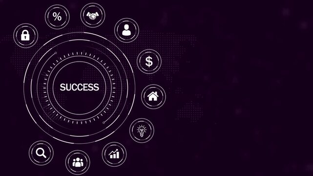 White of business and finance concepts arranged around a central circle displaying the word SUCES on a dark purple digital background with map