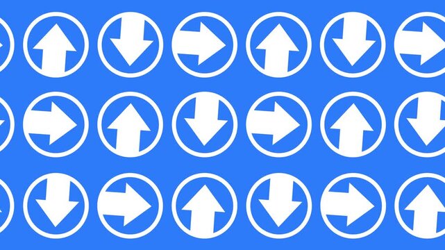 Seamless pattern with white circular arrow icons on a vibrant blue background animation. Repeating directional arrow wallpaper for navigation, syncing, and data flow concepts.