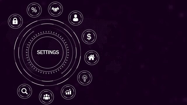 Digital HUD interface with the word SETINGS in the center, encircled by for business, finance, and technology on a dark purple background with a
