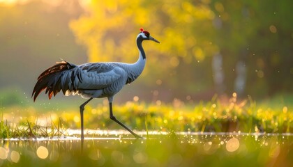 Fototapeta premium Common crane wading in a wetland at sunrise