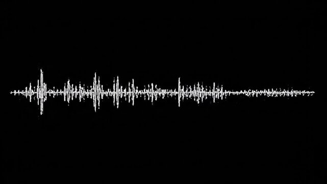 Monochrome AI Voice Recording Waveform Animation, White Audio Equalizer Pulsating on Black Background 4K