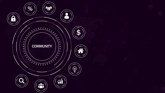 Digital network interface displaying the word COMUNITY surrounded by interconnected white representing business concepts on a dark purple background
