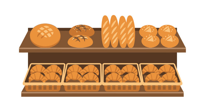 Bakery display with assorted breads and pastries on shelves illustration