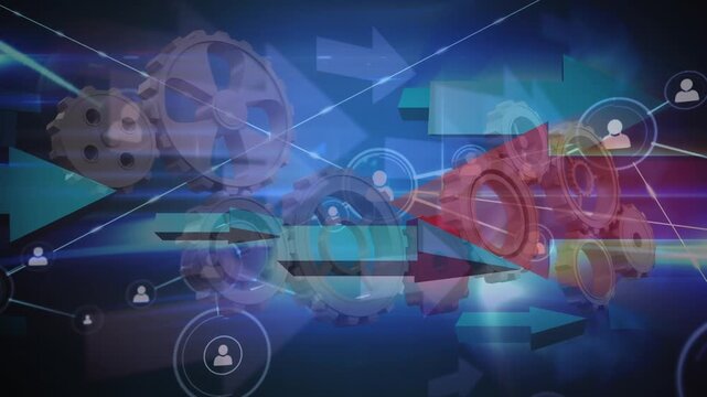 Animation of network of connections over arrows and cogs on navy background
