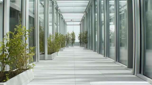 Contemporary glass corridor features rows of resilient green plants in white planters, bathed in natural light, showcasing sustainable architecture and a calm, biophilic design