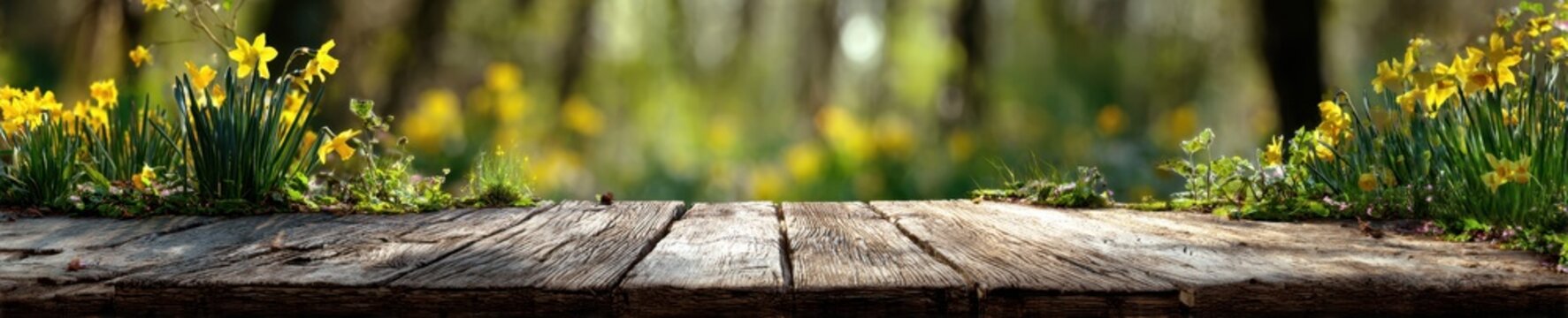 Empty rustic wooden table top or podium stage with blooming yellow daffodil flowers, panoramic spring forest nature background with blurred bokeh for product display, montage or Easter mockup.